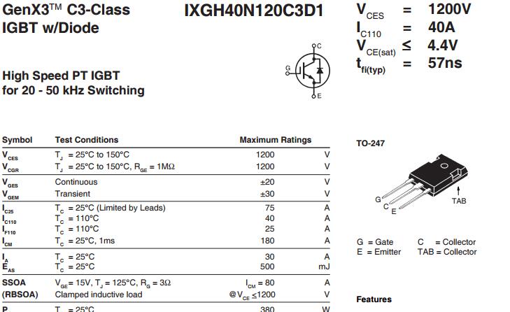 IXGH40N120C3D1 5pcs/lot